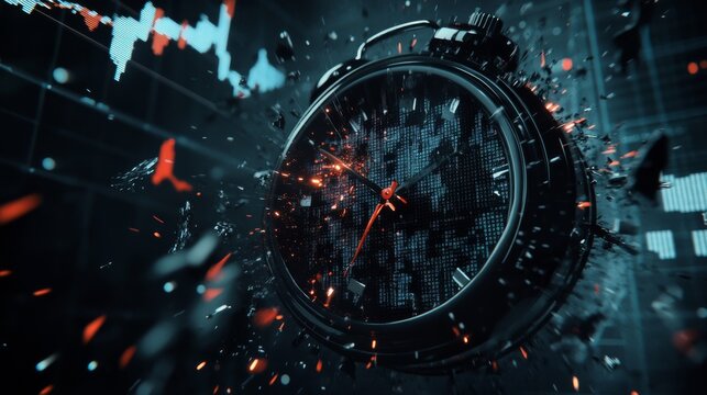 A dramatic 3D-rendered scene of a black alarm clock shattering into fragments, with glowing red and blue digital effects. Perfect for concepts of time, urgency, or technology.. AI Generation