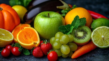 A vibrant assortment of organic fruits and vegetables is visible from above, arranged on a table and showcasing a diverse range of healthy eating options