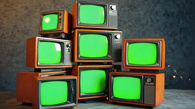 Stacked Retro Vintage TVs Turning On Green Screens. You can replace green screen with the footage or picture you want with &ldquo;Keying&rdquo; effect