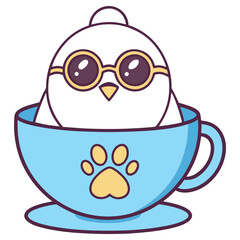 Cute White Chick with Glasses Inside a Blue Teacup and Paw Print on White