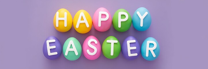 A collection of multicolored eggs spelling out the words 'Happy Easter' in vibrant colors with solid purple background and white letters, creating a festive and eye-catching Easter design festive vibe