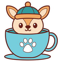Cute Fawn Cartoon in a Blue Cup with Paw Print and Teal Hat on Transparent Background