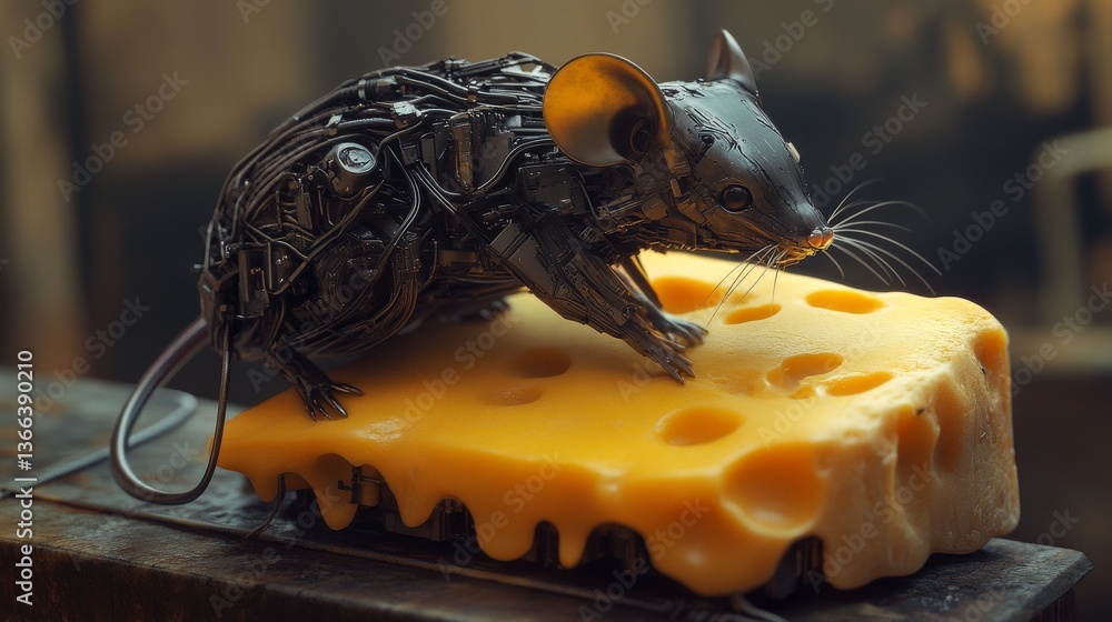 Poster a cybernetic mouse sits on a block of swiss cheese in an industrial environment, blending sci-fi aes