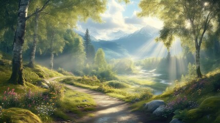 Fototapeta premium Serene mountain path through lush forest at sunrise. Sunlight streams through trees illuminating wildflowers and a gentle river