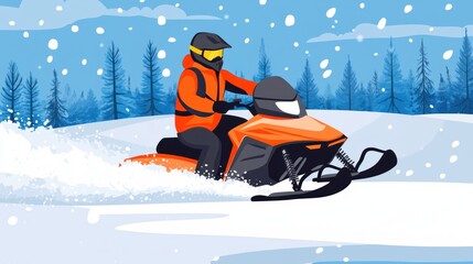 Snowmobile Rider in Winter Wonderland Action and Adventure Illustration