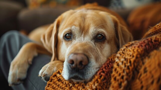 Affectionate Labrador Retriever gently resting its head on its owner's lap gazing up with soft eyes tail thumping rhythmically against the floor savoring the close companionship during a quiet evening