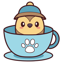 Kawaii Puppy with Hat Inside a Tea Cup, Canine Cartoon Design with paw print