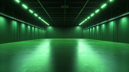 Futuristic empty room illuminated green lights reflective floor industrial walls glowing corridor sci-fi hallway interior architecture symmetry perspective digital cyber clean sharp geometric space