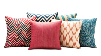 Pile of decorative pillows with patterns and textures, cut out transparent