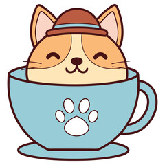 Fototapeta premium Cute Cartoon Cat with Hat Inside a Paw Print Mug, Joyful Expression