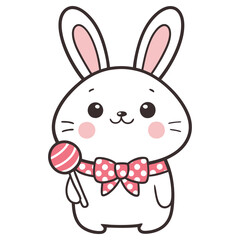 Cute White Bunny Rabbit Cartoon with Pink Polka Dot Bow & Lollipop on White