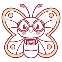 Cartoon Butterfly with Glasses and Camera Posing, Mascot