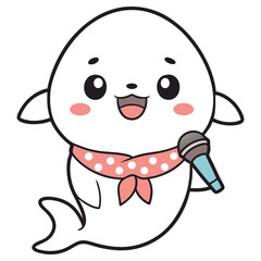 Cartoonish Seal Singing with Microphone and Pink Scarf on Transparent Background