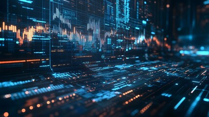 futuristic digital landscape with glowing data streams and financial charts