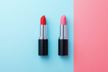 Fototapeta premium A collection of matte lipsticks in various shades including red, raspberry, pink, coral, and peach, showcased on a clean white background in a close-up shot, highlighting the concept of decorative