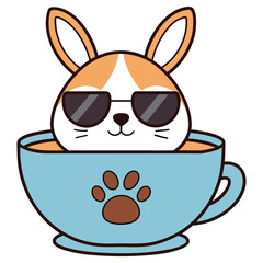 Fototapeta premium Cartoon Rabbit Wearing Sunglasses in Blue Cup with Paw Print