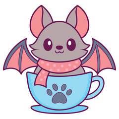 Fototapeta premium Cartoon Bat with Pink Scarf Sitting in Light Blue Cup with Paw Print and Outline