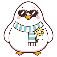 Cartoon White Duck with Sunglasses, Striped Scarf, and Flower on White Background