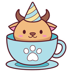 Cute Cartoon Brown Ox with Party Hat in Blue Paw Print Cup on White Background
