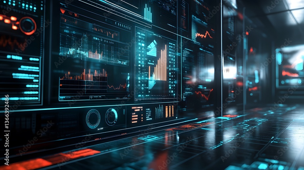 Poster futuristic data center with a captivating display of digital information and vibrant lights, evoking