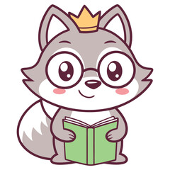 Smiling Cartoon Fox With Glasses and Crown Reading a Green Book on White