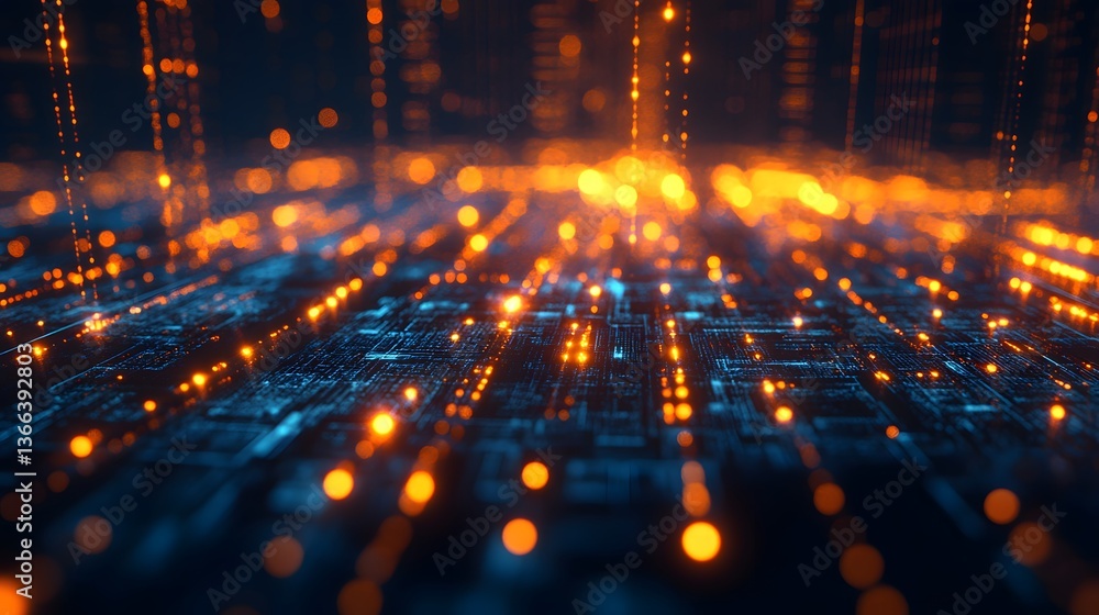 Poster abstract futuristic digital data streams flowing through cyberspace with orange and blue lights