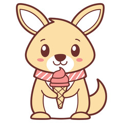 Cartoon Cute Kangaroo with Ice Cream Cone and Scarf on White Background