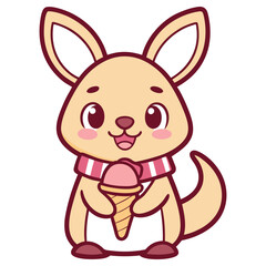Cartoon Kangaroo with Scarf Holding Ice Cream Cone, Flat on Transparent Background