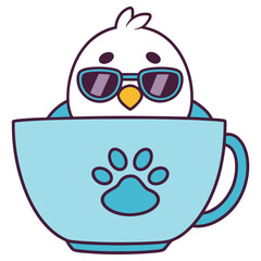 Cartoon Bird in Blue Cup with Paw Print Wearing Sunglasses on White Background
