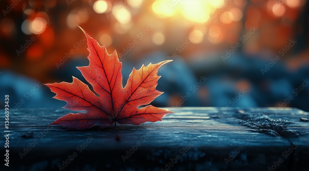 Poster autumn leaves resting on a wooden surface with a warm sunset in the background creating a serene atm