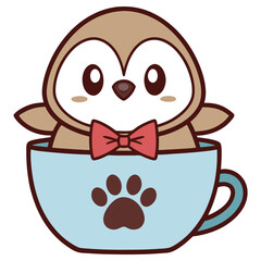 Cute Penguin in Blue Tea Cup with Paw Print and Bow Tie on White Background
