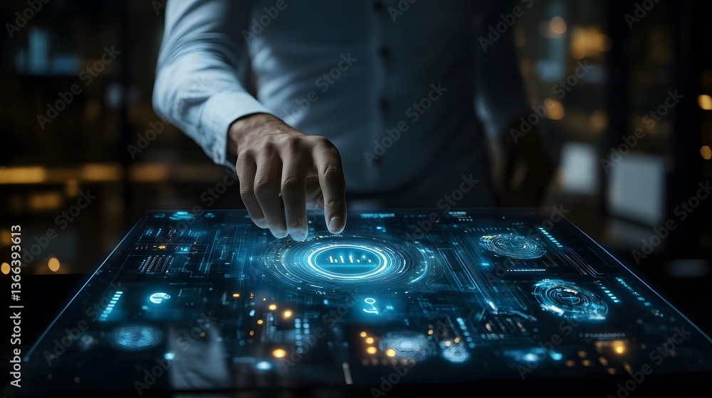 Poster man interacting with a high-tech digital interface, demonstrating modern technology in action