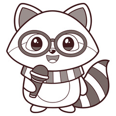 Cheerful Raccoon Singing with Microphone, Adorable Cartoon Character on Transparent Background