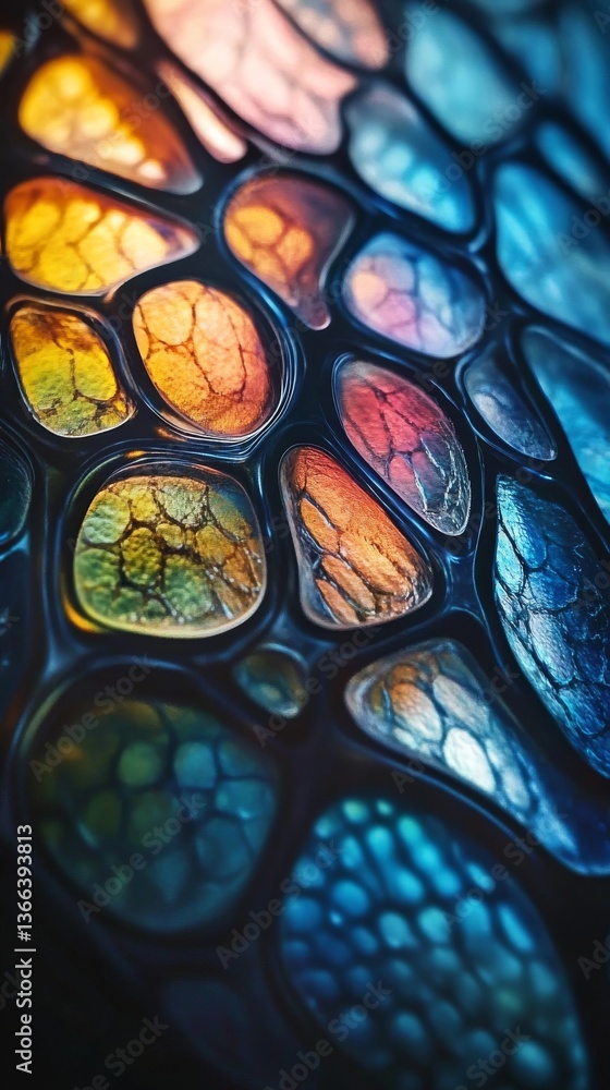 Poster a vivid abstract design featuring multi-colored textures resembling a stained glass pattern. the ble