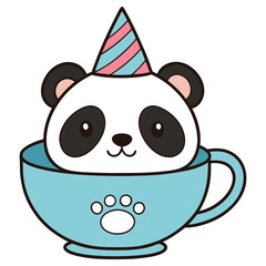 Cute Panda Bear Inside Blue Cup with Party Hat on Transparent Background