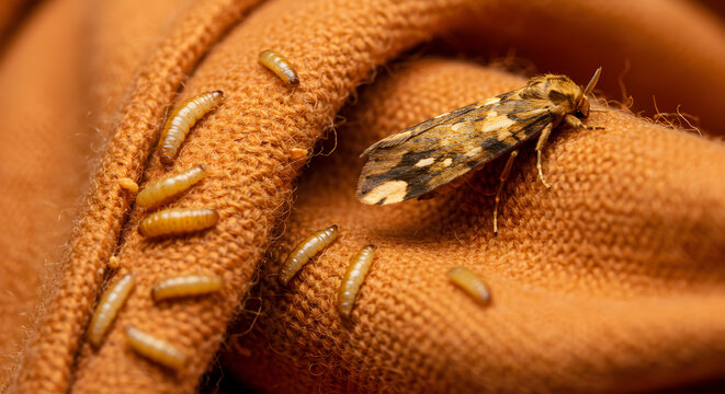 Clothes moth infestation with larvae feeding on fabric, damaging material