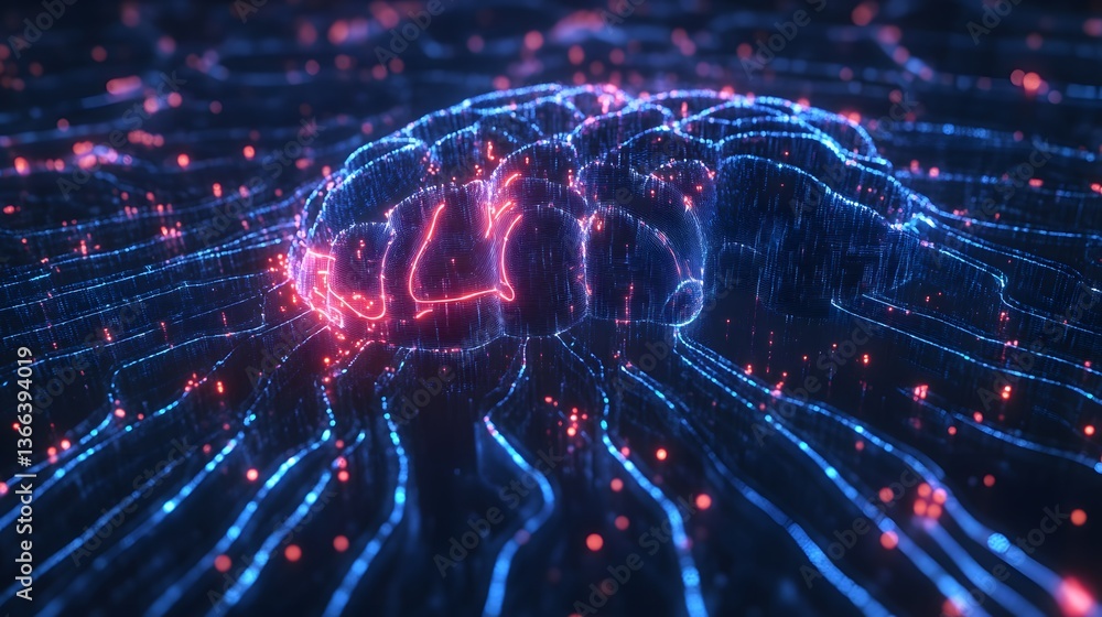 Poster an abstract depiction of a human brain, rendered with glowing lines and particles, showcasing the co