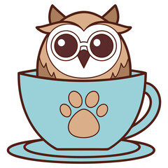 Cartoon Owl with Glasses Sitting in Blue Cup with Paw Print on White