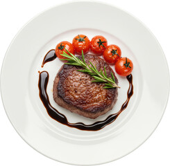 Grilled Beef Steak with Roasted Cherry Tomatoes and Rosemary Garnish on White Plate
