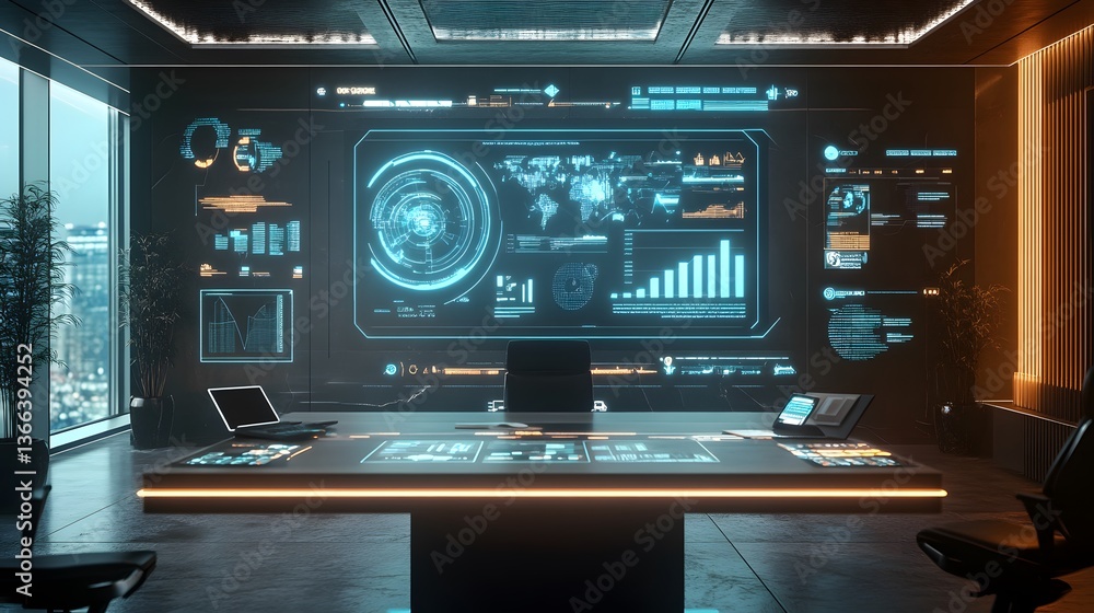 Poster a modern high-tech control room with interactive screens and a central command center. the room is f
