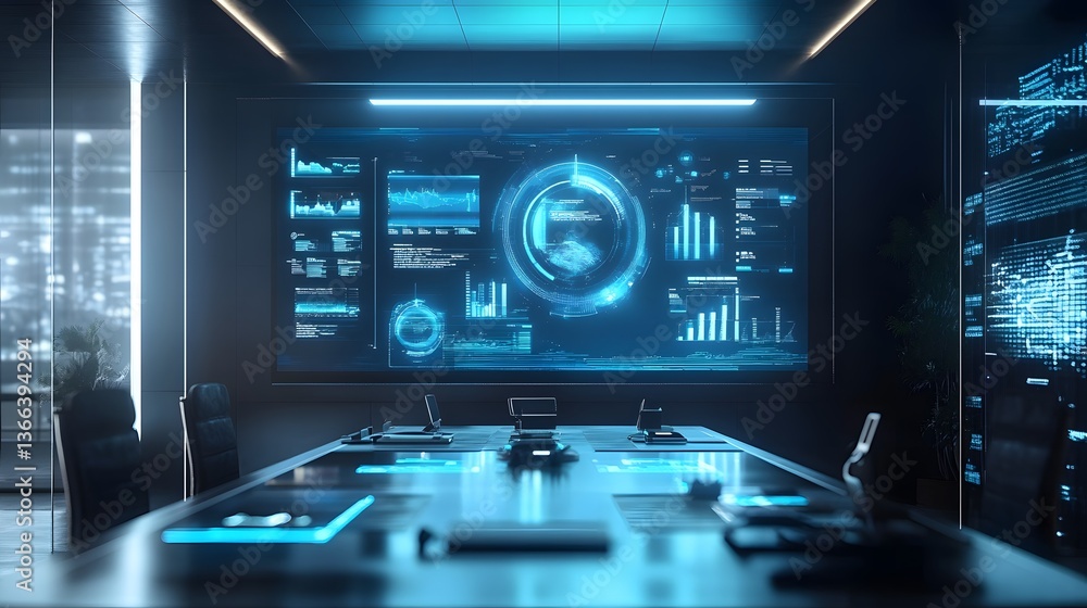 Poster a futuristic boardroom featuring digital interfaces and data visualizations on a large screen, exudi