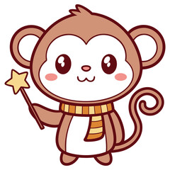 Charming Cartoon Monkey with Magic Wand and Striped Scarf on White Background