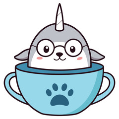 Cute Cartoon Narwhal with Glasses Sitting in a Blue Mug with Paw Print
