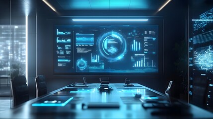 a futuristic boardroom featuring digital interfaces and data visualizations on a large screen, exuding an atmosphere of technological advancement and data-driven decision-making.
