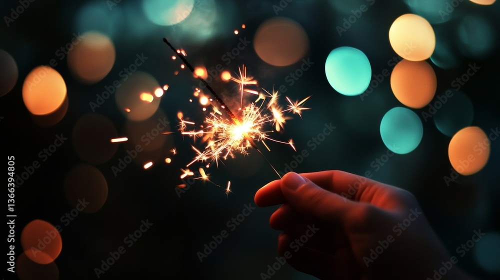 Poster a person holds a glowing sparkler against a vivid bokeh background, creating a vibrant and festive f