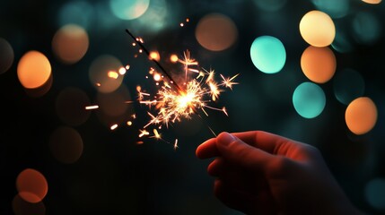 A person holds a glowing sparkler against a vivid bokeh background, creating a vibrant and festive feel with a mix of sparkling light and colorful ambiance.. AI Generation