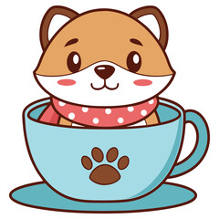 Cartoon dog wearing scarf in a teacup with paw print isolated on white background