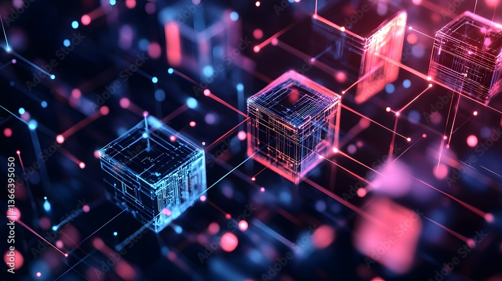 Poster a vibrant and intricate network of interconnected digital cubes illuminated with neon lights