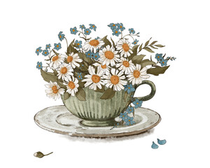 Green tea cup with flowers (daisies and forget-me-not) on a light background illustration