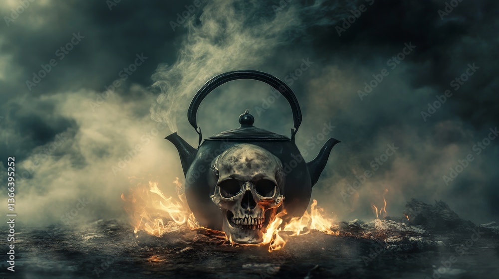 Poster a haunting teapot design featuring a skull shape, surrounded by intense flames and mystical smoke in